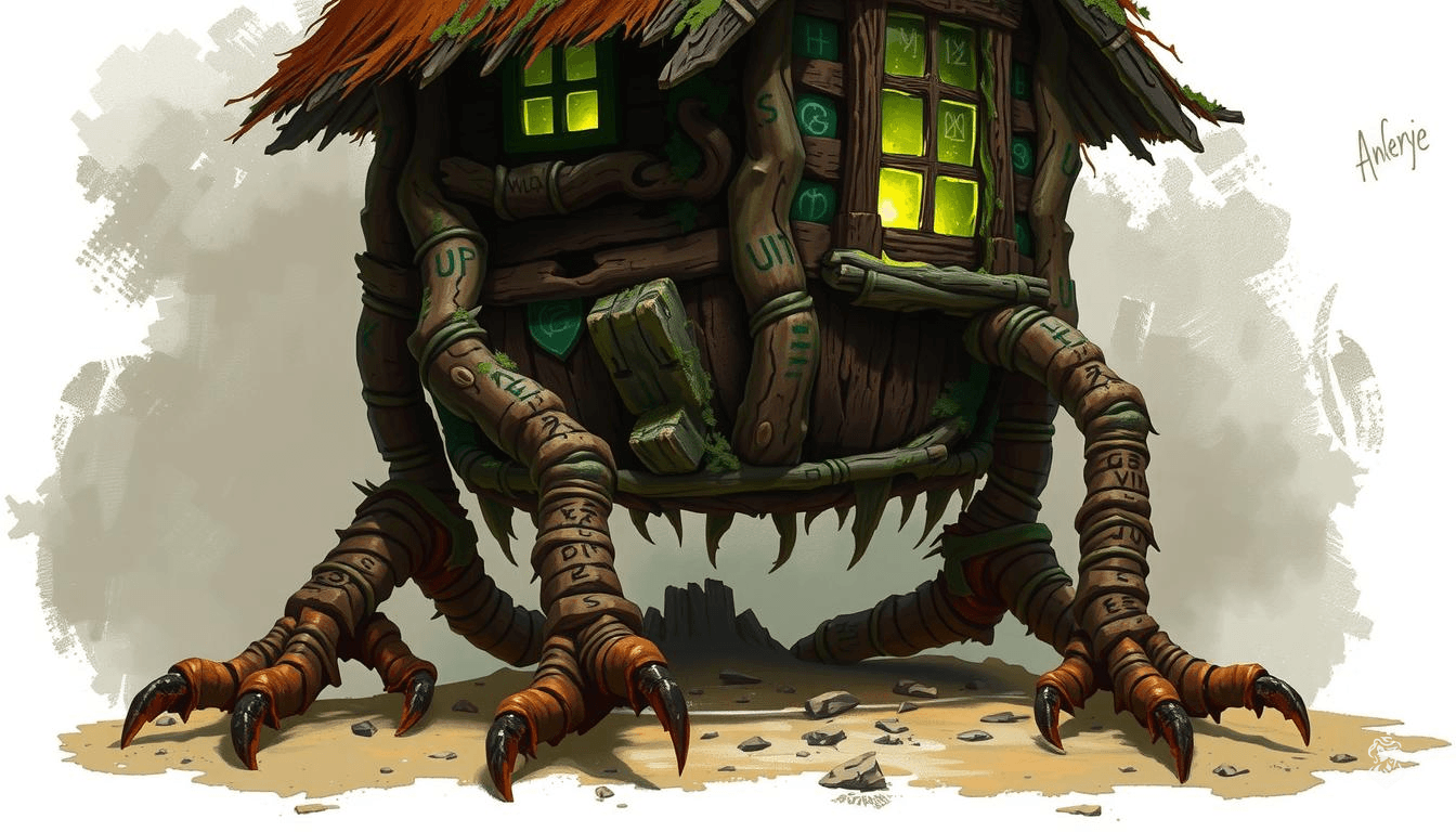Baba Yaga's hut looms ominously on spindly, clawed chicken legs, clad in scales and sinewy knots. The ancient, moss-covered wooden structure gleams with glowing runes and eerie green light from its windows, as it strides menacingly through a dark, mystical landscape.
