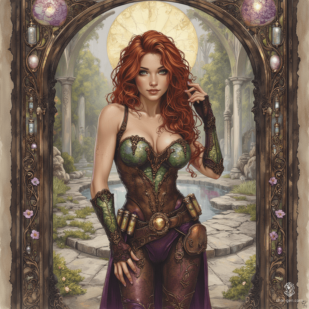 Izzy, a newly emancipated halfling assassin, commands attention with her striking yellow-green eyes and shimmering green-scaled arms. Clad in form-fitting brown leather armor, she wields a heavy crossbow, exuding a blend of dangerous competence and playful joy as she lurks in the shadows, ever watchful for her next target.