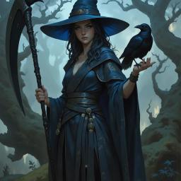 Branwen Umbra is a striking 230-year-old cleric with a luminous alabaster complexion and mesmerizing, swirling silver and black eyes. Her onyx hair flows like smoke, crowned by a large black wizard’s hat. Clad in an array of magical black garments, she wields a scythe and commands raven companions, embodying wisdom and an ancient purpose.