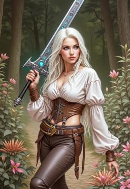 Rheanne is a stunning young woman, radiating ethereal beauty with her long, pure white hair and captivating greyish-blue eyes. A scar beneath her left eye adds a hint of mystery. Dressed in a flowing white blouse, leather corset, and fitted brown pants, she wields an ornate broadsword that glows with arcane runes.
