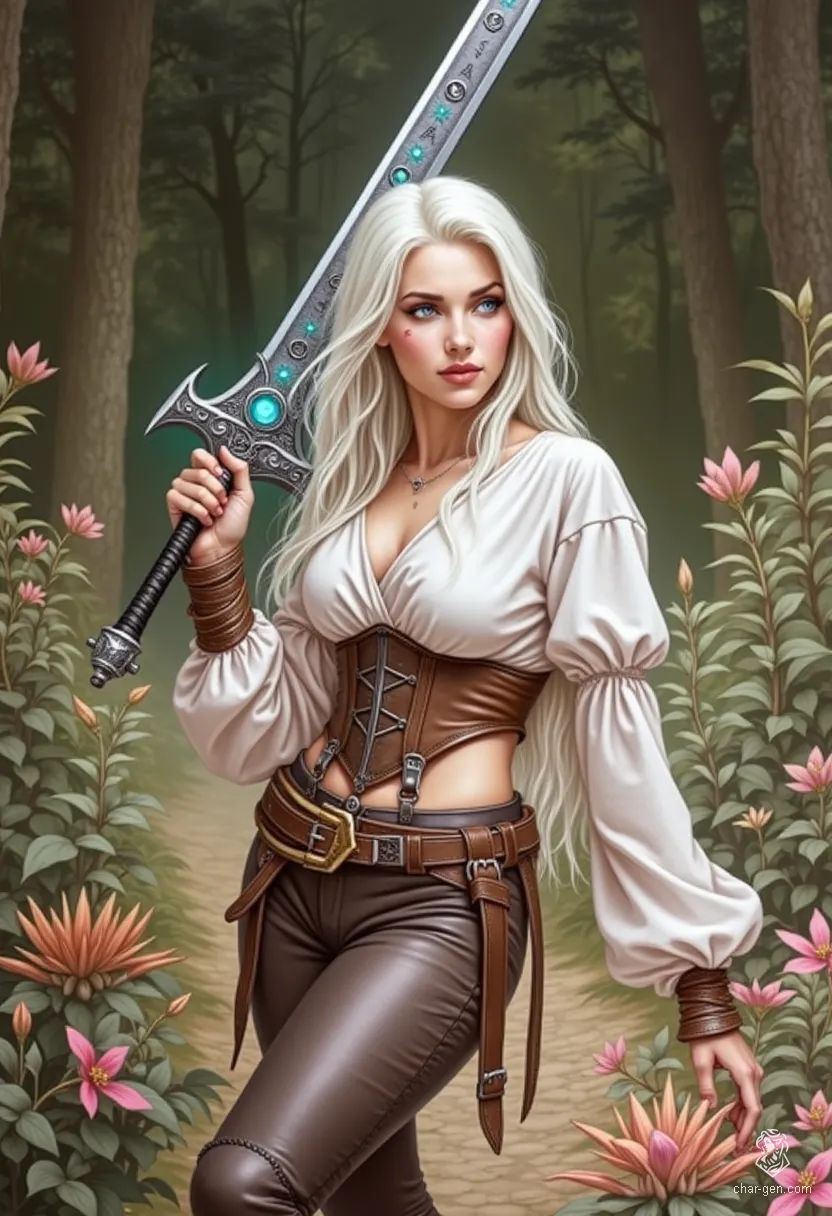 Rheanne is a stunning young woman, radiating ethereal beauty with her long, pure white hair and captivating greyish-blue eyes. A scar beneath her left eye adds a hint of mystery. Dressed in a flowing white blouse, leather corset, and fitted brown pants, she wields an ornate broadsword that glows with arcane runes.