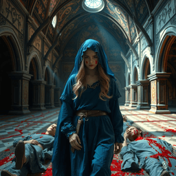 A sorrowful 18-year-old blonde girl in ragged blue robes and a transparent veil walks amid four motionless figures. With red juice smeared on her face, she traverses a medieval scene, her sadness palpable as she moves past those who lie still, similarly marked.