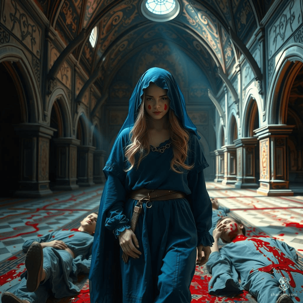 A sorrowful 18-year-old blonde girl in ragged blue robes and a transparent veil walks amid four motionless figures. With red juice smeared on her face, she traverses a medieval scene, her sadness palpable as she moves past those who lie still, similarly marked.