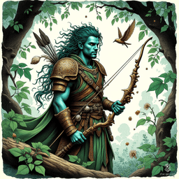 A male Triton ranger, effortlessly blending ocean and forest, dons sea-leather armor adorned with leaves and feathers. With kelp-green hair and sharp, wise eyes, he wields a driftwood bow intricately carved with waves. Surrounded by mist and vines, he embodies the serene harmony of nature.