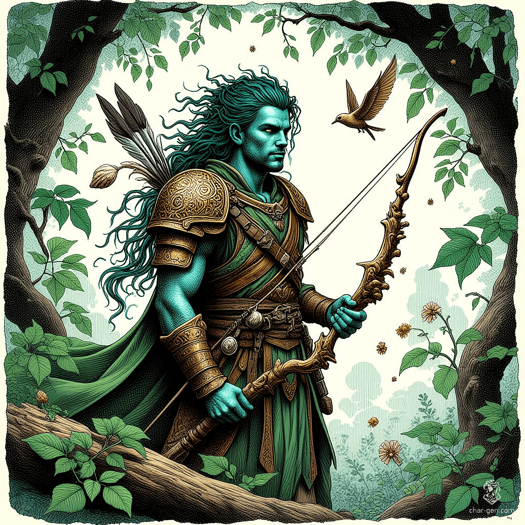 A male Triton ranger, effortlessly blending ocean and forest, dons sea-leather armor adorned with leaves and feathers. With kelp-green hair and sharp, wise eyes, he wields a driftwood bow intricately carved with waves. Surrounded by mist and vines, he embodies the serene harmony of nature.