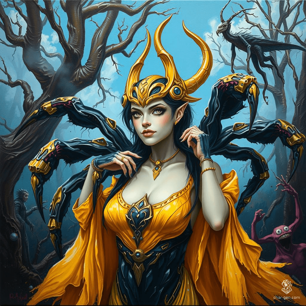 A Drider is a monstrous hybrid with the upper body of a fair-skinned drow elf and the lower body of a giant black spider. This beautiful female drider has a mix of black and pale skin, dons golden clothes, and wears a golden horned mask. She possesses sharp fangs, a venomous bite, and eight legs.