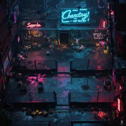 This cyberpunk stable complex pulses with neon gloom and hidden threats. Ruined fences offer escape paths, while tranquilizer darts and malfunctioning surveillance create opportunities for stealth or ambush. Watchful cyber-hounds guard secrets amid scattered tools and the remnants of recent violence.