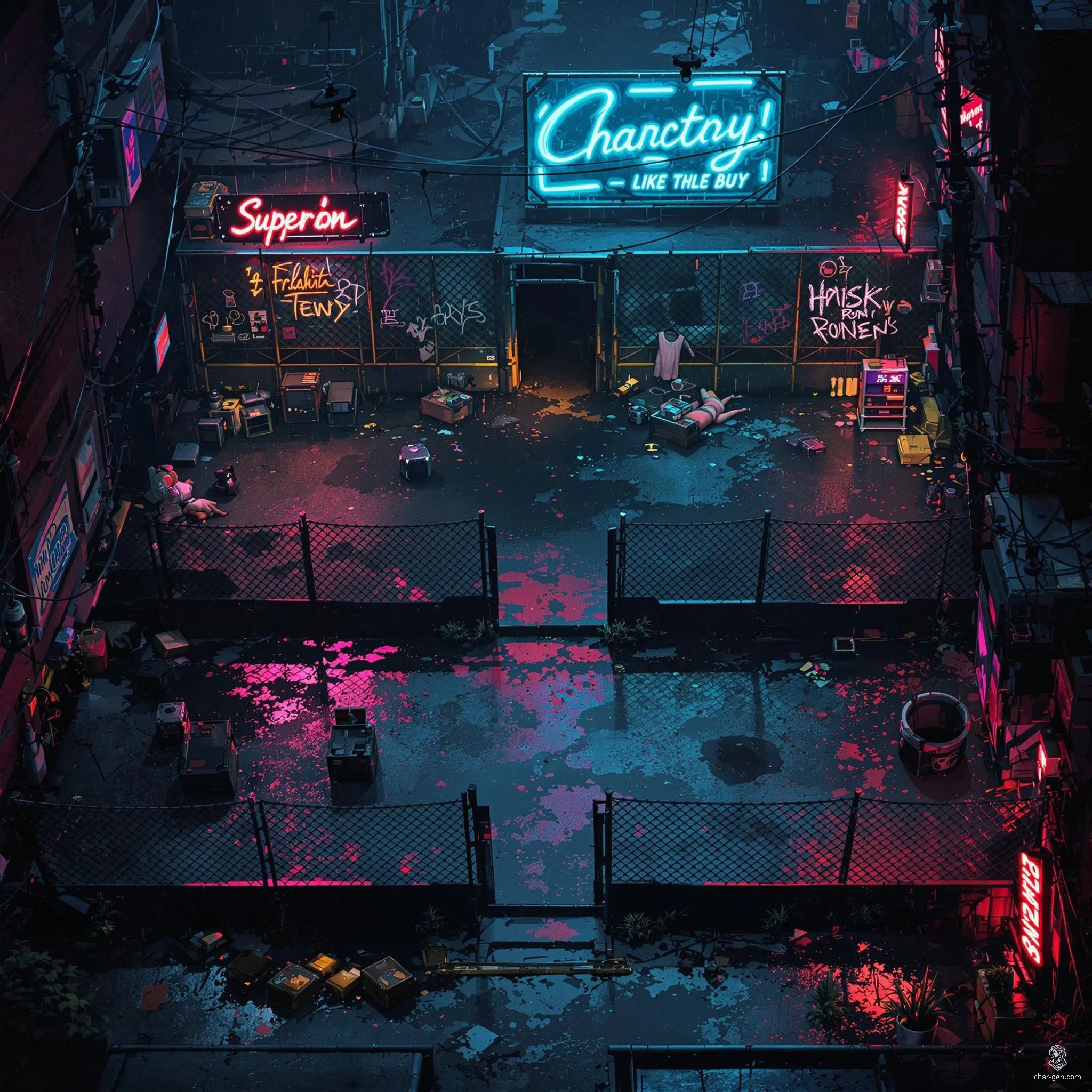 This cyberpunk stable complex pulses with neon gloom and hidden threats. Ruined fences offer escape paths, while tranquilizer darts and malfunctioning surveillance create opportunities for stealth or ambush. Watchful cyber-hounds guard secrets amid scattered tools and the remnants of recent violence.