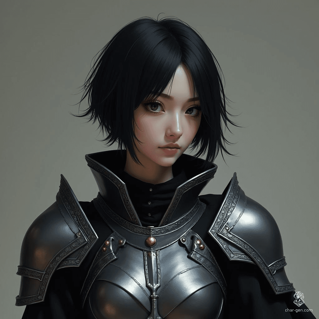 Nythra, a striking female shadar-kai elf, commands attention with her short raven black hair and piercing coal black eyes. Clad in gleaming mithril full plate armor, she moves with an ethereal grace, embodying both shadow and light in a world of magic and mystery.