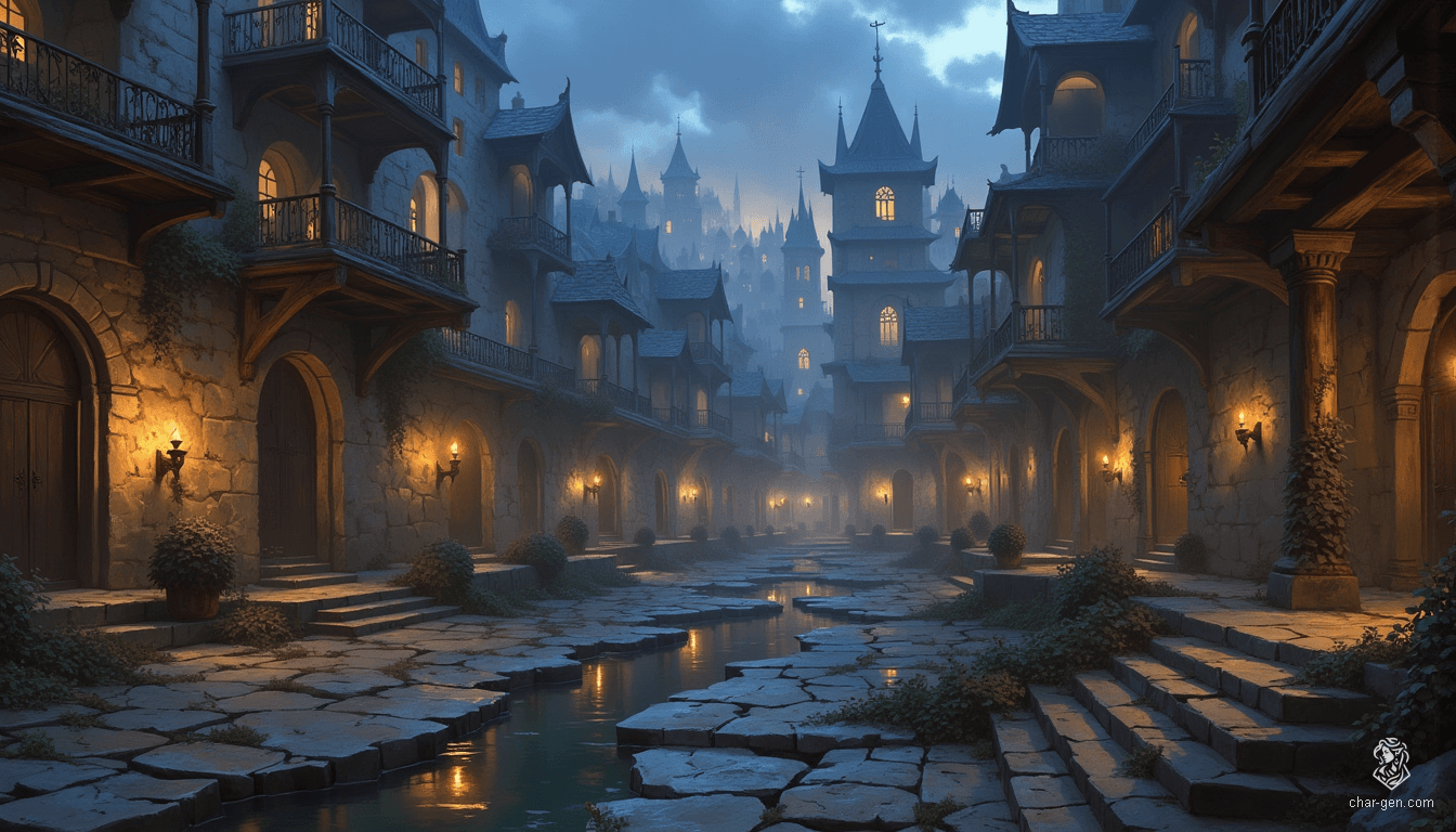 Westcrown, cloaked in twilight's stormy embrace, reveals its faded elegance. Intricate stone facades, weathered by time, rise from winding canals that serpent through deserted plazas. Rusted ironwork clings to ornate balconies, whispering tales of a once-vibrant city, now steeped in an ethereal, mystical atmosphere.