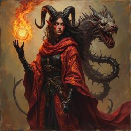 Virezza, a striking tiefling enchantress, commands attention with her crimson and black robes embroidered with writhing infernal script. Her burgundy skin adorned with glowing sigils pulsates with power, while molten gold eyes pierce through shadows. Accompanied by The Maw Unseen, a haunting Eidolon of swirling darkness, she exudes an imposing aura of mystique and dread.