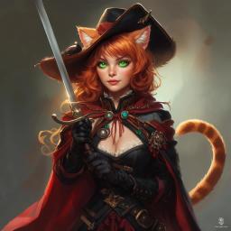 A skilled female duelist bard blending French Renaissance elegance with feline grace. With vibrant ginger hair, green cat-like eyes, and feline features, she wields a rapier confidently, adorned in a cavalier hat and cape. Her dynamic presence radiates charm and deadly precision.