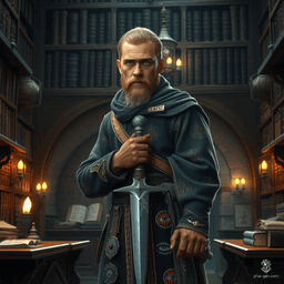 Klaus Von Kessel, a disinherited prince turned potent wizard, embodies magical prowess and wisdom. At 35, his fair skin and greying blond hair highlight his age prematurely, reflective of his burdens. Draped in subtly enchanted, unassuming attire, Klaus wields a dagger and a magical tome, dedicated to restoring stability to his war-torn nation.