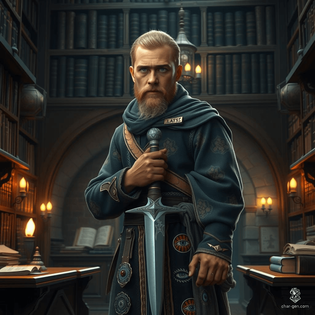 Klaus Von Kessel, a disinherited prince turned potent wizard, embodies magical prowess and wisdom. At 35, his fair skin and greying blond hair highlight his age prematurely, reflective of his burdens. Draped in subtly enchanted, unassuming attire, Klaus wields a dagger and a magical tome, dedicated to restoring stability to his war-torn nation.