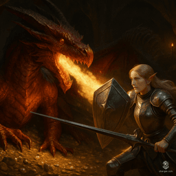 An elven knight with golden hair and steel-gold armor defends herself against a massive red dragon. She blocks the dragon’s fiery breath with her enchanted three-pointed shield while striking back with her lance, adorned with a dragon’s head, amid the dragon’s copper-toned scales and powerful wings.