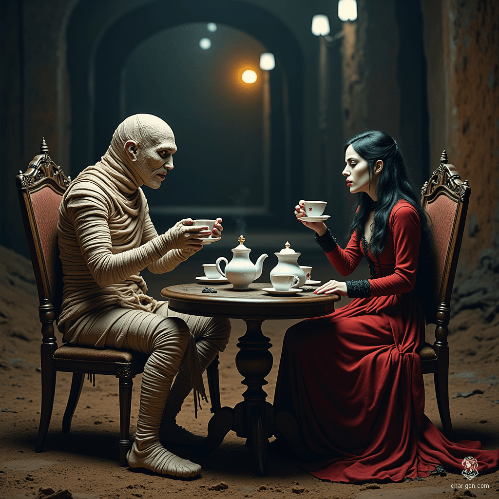In a quaint inn, a mummy wrapped in tattered linens and a suave vampire with an elegant cape share a pot of tea. Their conversation, rich with ancient tales and dark humor, pierces the stillness, blending the eerie charm of the past with the allure of eternity.