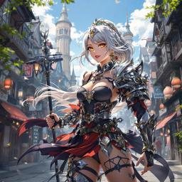A highly detailed, life-size medieval fantasy anime character rendered in stunning 4K UHD HDR. Featuring perfect anatomy and realistic skin textures, this dynamic full-body portrait captures a cinematic key frame set against a vibrant city backdrop, blending fantasy and realism seamlessly.