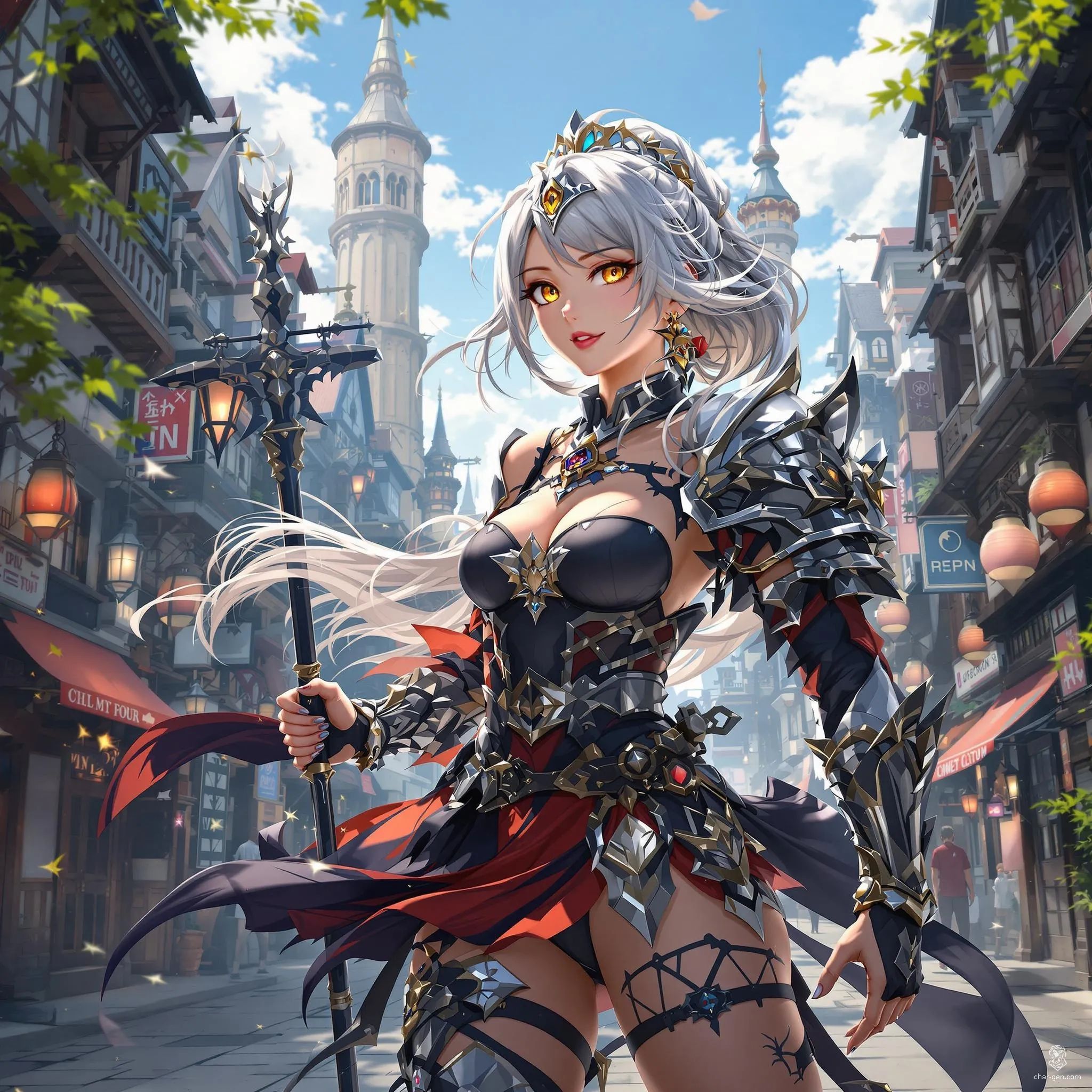 A highly detailed, life-size medieval fantasy anime character rendered in stunning 4K UHD HDR. Featuring perfect anatomy and realistic skin textures, this dynamic full-body portrait captures a cinematic key frame set against a vibrant city backdrop, blending fantasy and realism seamlessly.