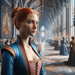 A fair-skinned female spy, with striking red hair tied in a bun and piercing blue eyes, discreetly blends into crowds. Dressed in cobalt and peach servant attire, she carries secret messages and eavesdrops unnoticed, flawlessly executing her undercover missions.