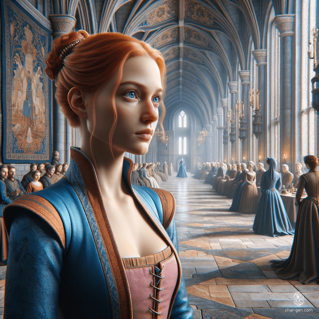 A fair-skinned female spy, with striking red hair tied in a bun and piercing blue eyes, discreetly blends into crowds. Dressed in cobalt and peach servant attire, she carries secret messages and eavesdrops unnoticed, flawlessly executing her undercover missions.