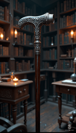The Roditem is a masterfully crafted walking cane of polished ebony, standing 32 inches tall. Topped with a lustrous silver finial resembling a hammer, it exudes power. Engraved with a stylized capital "C," wielding this rod amplifies magical abilities, making the user a formidable presence in any realm.
