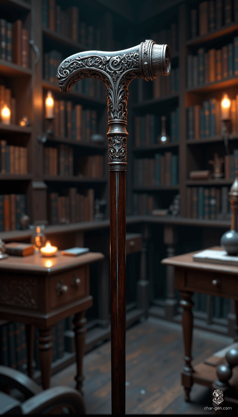 The Roditem is a masterfully crafted walking cane of polished ebony, standing 32 inches tall. Topped with a lustrous silver finial resembling a hammer, it exudes power. Engraved with a stylized capital "C," wielding this rod amplifies magical abilities, making the user a formidable presence in any realm.