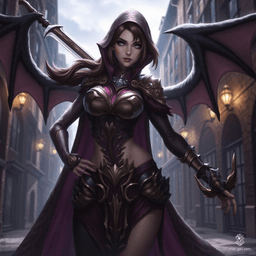 Miatte Derethian is a haunted warrior with a confident demeanor, skilled in sword-fighting and a master battlemaster. Sporting a striking winged cloak and a longsword, she navigates her demons while striving to protect the innocent, driven by the spirits of her past.