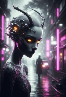 A mysterious elven entity with glowing yellow eyes and crystalline white hair, blending ethereal grace with subtle cybernetic hints. Draped in silver-accented attire, she inhabits a shadowy, rain-soaked urban forest where magic and technology intertwine beneath neon-lit skies.