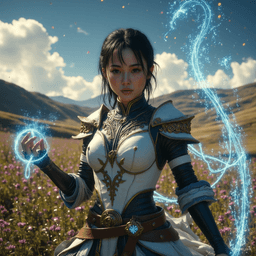 Jouli is a middle-aged, strikingly gorgeous investigator mage of East Asian ancestry. At 5'4”, her lithe frame is complemented by intricately embossed white leather armor. With a pixie cut and fair skin shimmering in the sun, she exudes both strength and concern as she traces glowing runes, defending against danger amidst towering bookshelves.