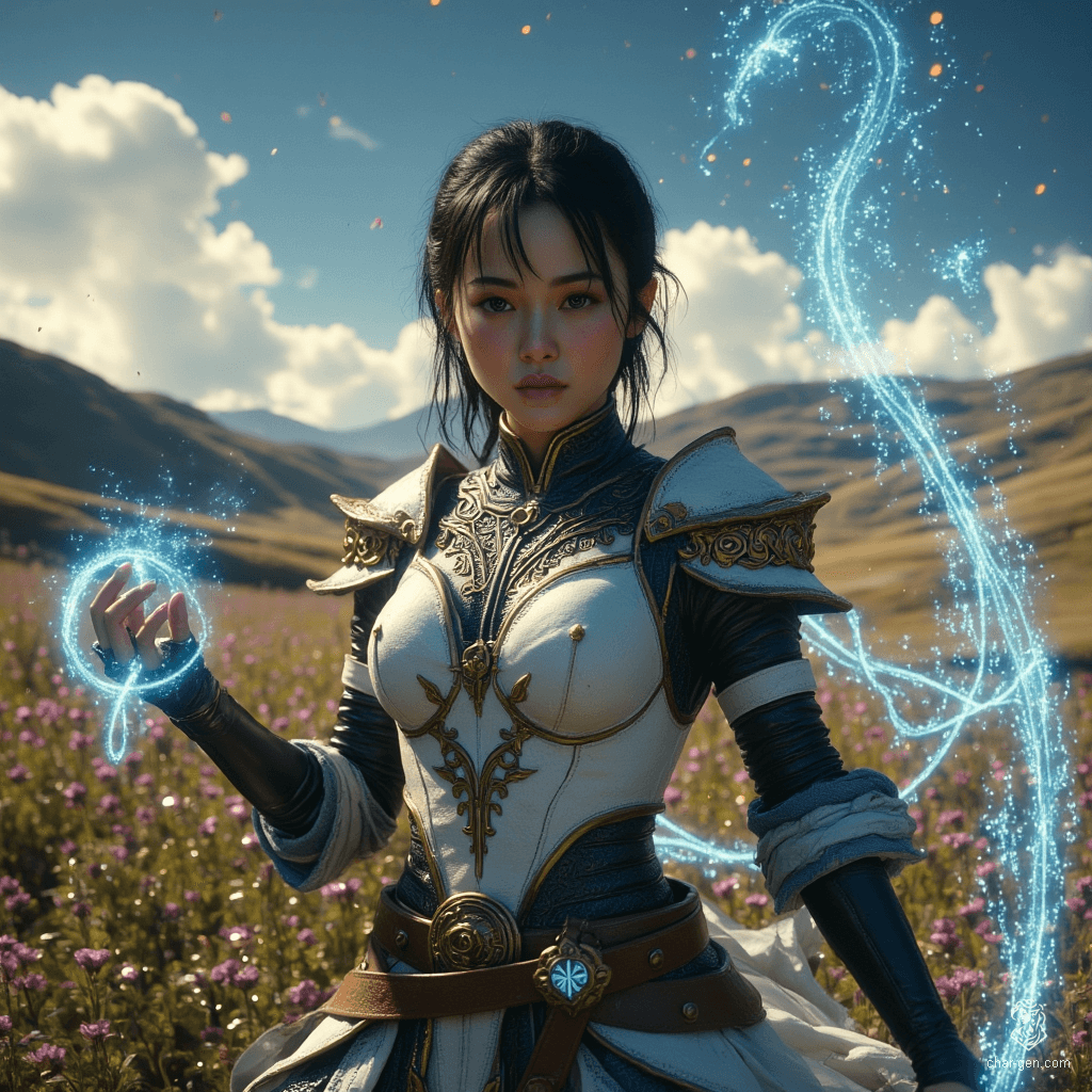 Jouli is a middle-aged, strikingly gorgeous investigator mage of East Asian ancestry. At 5'4”, her lithe frame is complemented by intricately embossed white leather armor. With a pixie cut and fair skin shimmering in the sun, she exudes both strength and concern as she traces glowing runes, defending against danger amidst towering bookshelves.