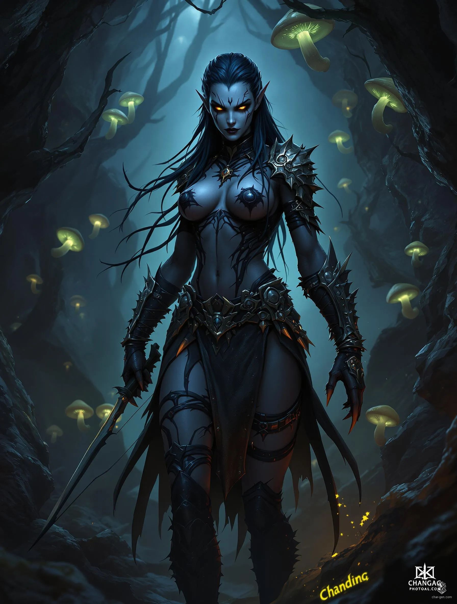 Wenduag is a chilling blend of mongrel, drow, and demonic spider kin. With sleek black spider legs sprouting from her back and mottled blue-gray skin, her golden eyes radiate danger. Clad in spiked leather armor, she embodies a ruthless hunter, navigating underground realms with stealth and deadly elegance.