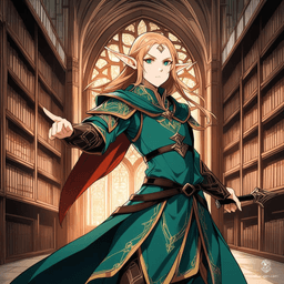 Varysia, a 25-year-old High Elf wizard, stands at 5'11" with pale skin and golden eyes that contrast with her jet-black hair. Wielding a quarterstaff and adorned with enchanted garments featuring arcane sigils, she is a sage driven by the pursuit of knowledge, often speaking without thinking, unintentionally insulting others.