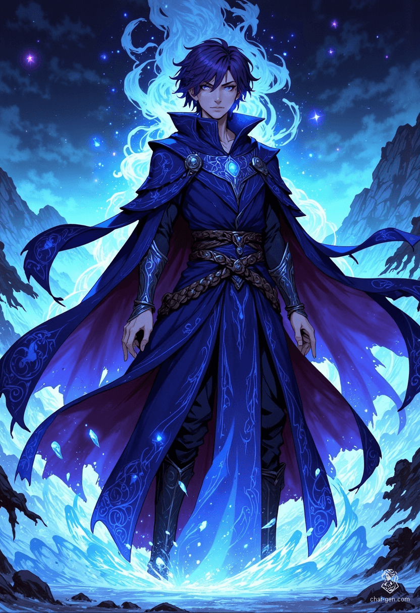 In a magical realm, a slender male sorcerer stands poised in an icy field, his dark blue robe billowing in the frigid wind. With glowing violet eyes and short, dark purple hair, he channels elemental magic, lightning crackling from his outstretched hands, embodying both beauty and power.