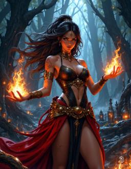 A talented young adult sorceress, she stands poised in a mystical forest, her long dark hair flowing like dark magic. Clad in an ornate leotard and a billowing red skirt, she conjures flames from her hands, illuminating her sharp features and the enchanting arcane sigils that surround her.