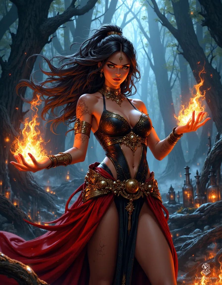 A talented young adult sorceress, she stands poised in a mystical forest, her long dark hair flowing like dark magic. Clad in an ornate leotard and a billowing red skirt, she conjures flames from her hands, illuminating her sharp features and the enchanting arcane sigils that surround her.