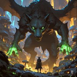 In an epic fantasy digital oil painting, a displacer beast prowls the edge of a vast Underdark lake. Its panther-like head melds with a lizard snout, while black dragon scales and green acid-tipped claws exude menace. Black dragon wings lie under its ominous back tentacles, as hazy mist and a shadowy cavern amplify the dark, foreboding atmosphere.
