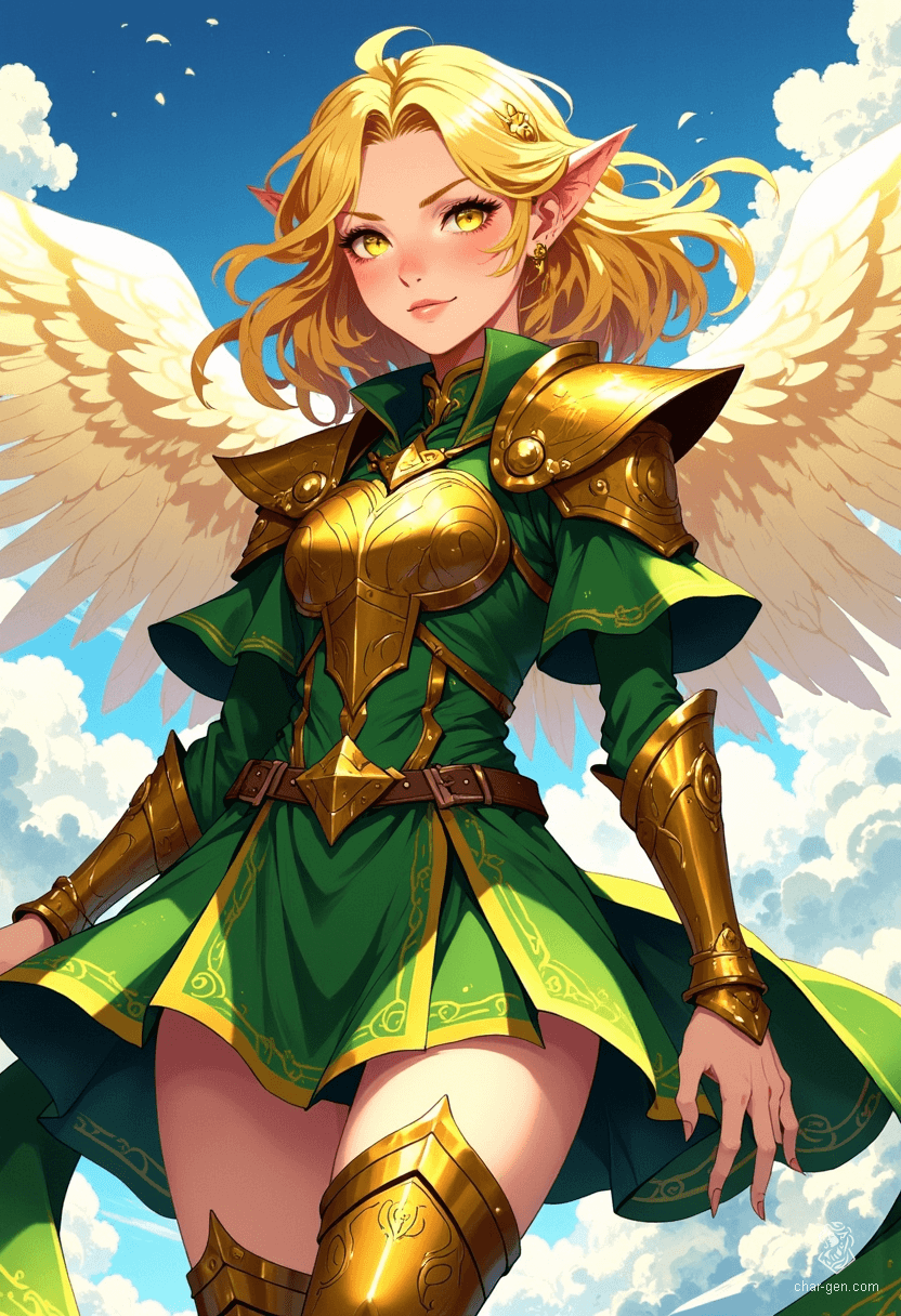 Sigarda, a stunning female angel, embodies celestial grace with her luminous golden hair and radiant green and gold armor. Her solid gold eyes shine brightly as she floats effortlessly in the vibrant sky, captured in bold, dynamic poses and a vivid anime-inspired style that exudes fantasy magic.