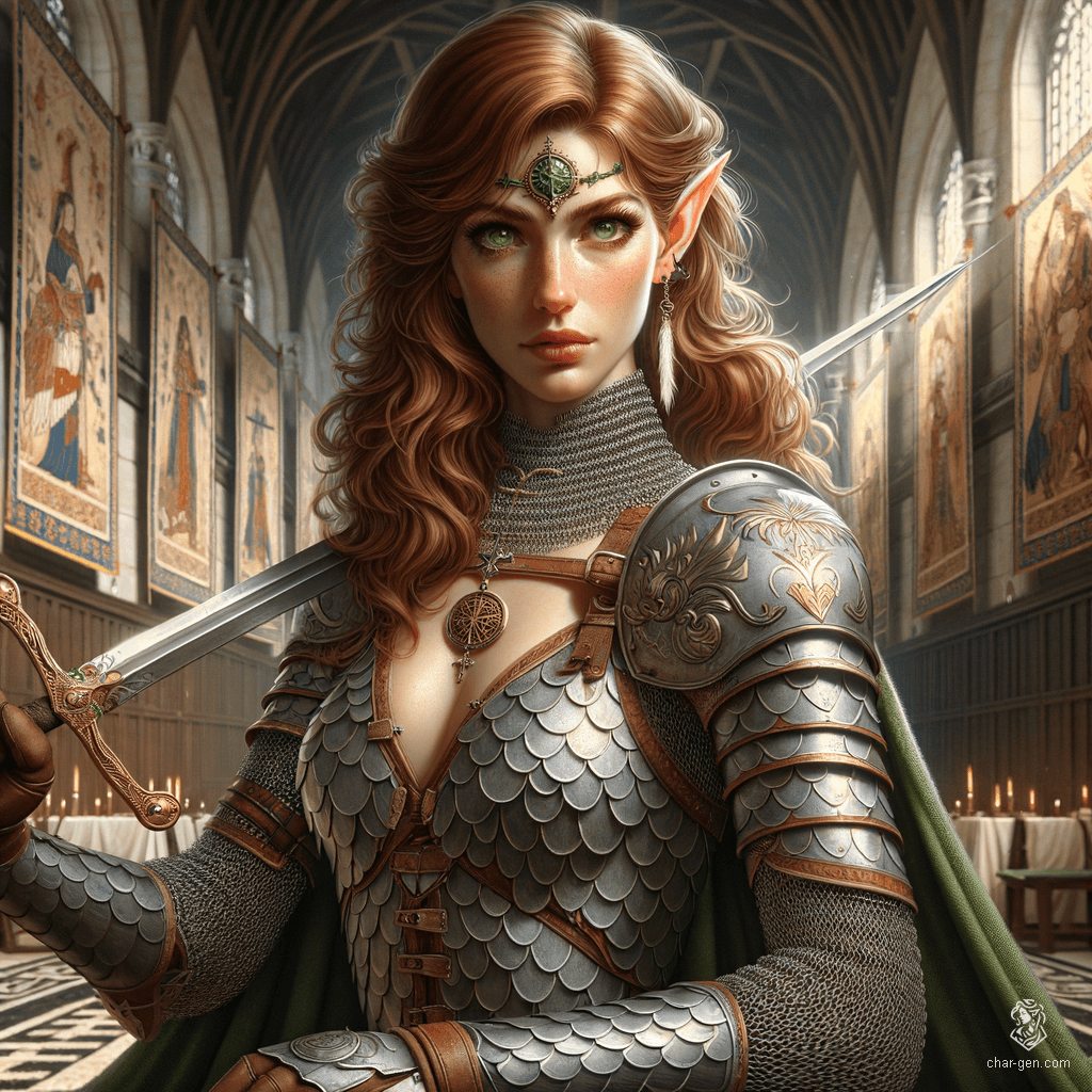Kira Smith is a resilient and wise High Elf Cleric, exuding serenity with a prominent holy symbol. At 180 years old, she stands 5'7" with a medium build and pale, freckled skin. Kira wields a longsword with strength and grace, wears intricate scale mail, and is iconic for her healing prowess. Her green eyes and long, wavy auburn hair add to her charismatic presence.