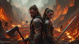 A formidable Elven warrior in their 30s stands confidently, muscles taut and armor scuffed. Wielding a menacing axe, they face a pack of demon hounds. Drenched in battle's aftermath, their black leather armor and iron pauldrons reflect a history of fierce combat, illuminated by dynamic light beams.