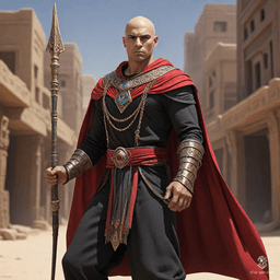 A bald Egyptian warrior clad in a gleaming mithril chain shirt and a flowing black and red cape stands in a bustling desert town. Armed with a formidable spear, he exudes an aura of power and mystery, reminiscent of a 70's dark animated hero.