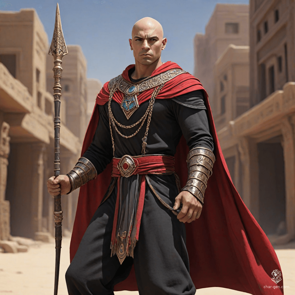 A bald Egyptian warrior clad in a gleaming mithril chain shirt and a flowing black and red cape stands in a bustling desert town. Armed with a formidable spear, he exudes an aura of power and mystery, reminiscent of a 70's dark animated hero.
