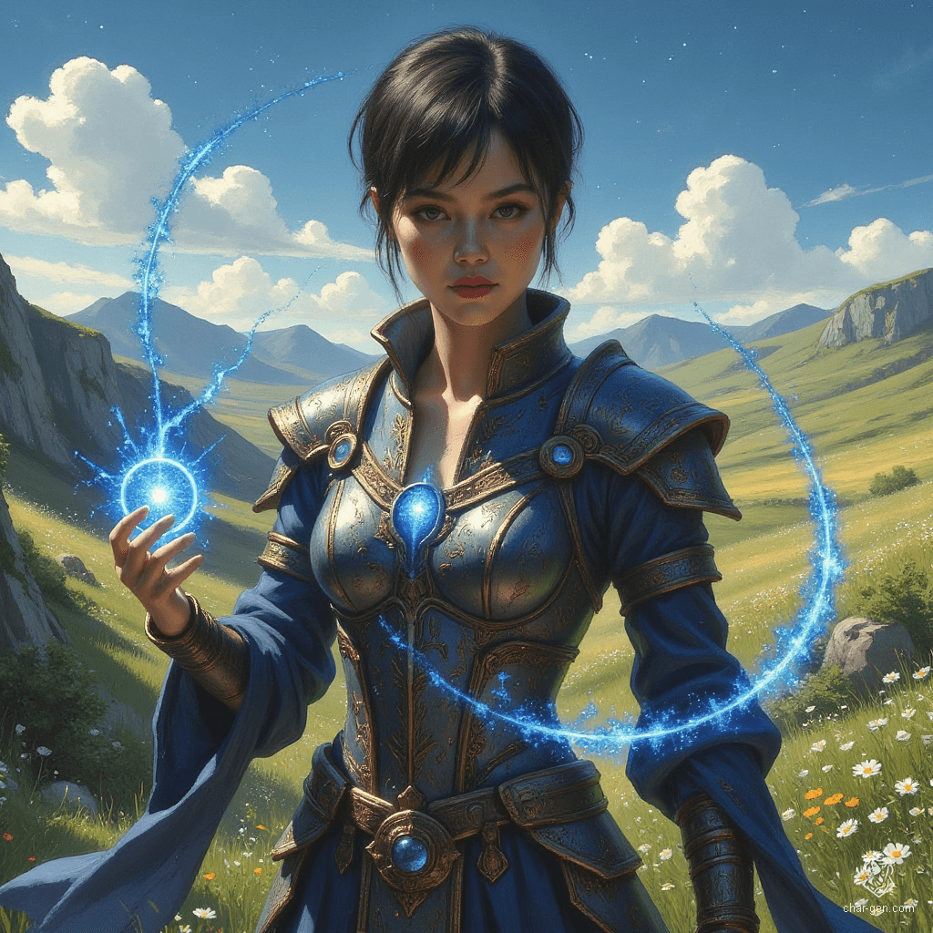 Jouli is a striking middle-aged investigator mage of East Asian descent, standing 5'4" with a slender frame and ample curves concealed beneath intricately embossed leather armor. Her shimmering pale skin glows under the sunlight, and her bright eyes reflect determination as she traces a large blue rune in a defensive stance, surrounded by ancient texts in her library haven.