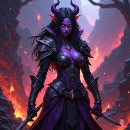 Criella The Fallen is a 32-year-old tiefling warlock with striking purple skin and yellow eyes. Standing at 6 feet tall, she possesses devil-like features, including horns and a long tail. Charismatic and cunning, she wields a dagger and wears intricately detailed leather armor, embodying independence and chaotic charm, while harboring a complex past with her mentor.