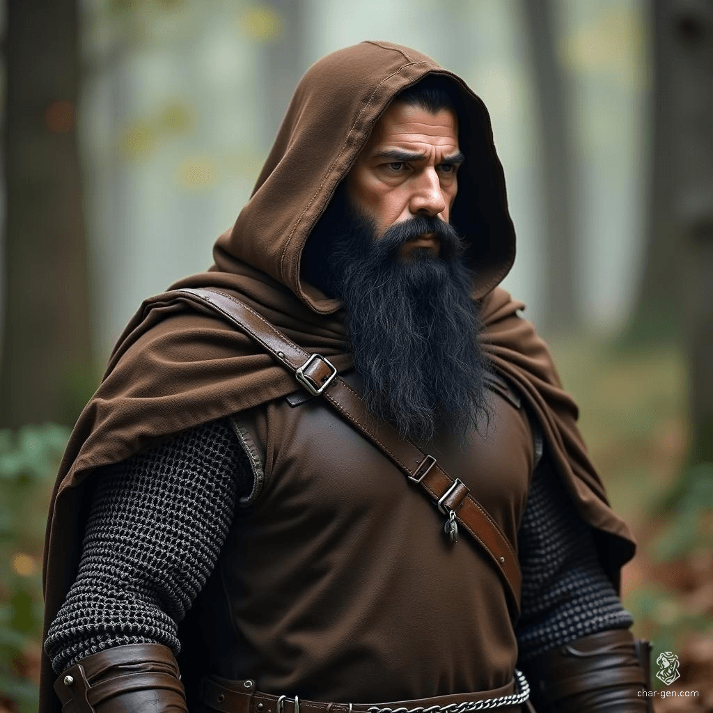 Balin Ironfoot, a skilled male dwarf hunter, stands resolute in the heart of an ancient forest. Clad in chainmail armor beneath a weathered brown cloak and hood, his striking black hair and beard frame a tan face hardened by years of wilderness survival, waiting to capture his next quarry.