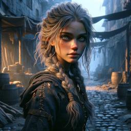 A young, poor female rogue, she moves with exceptional stealth, her light-footed stance barely making a sound. Long, dirty blonde hair is tightly braided, while her dark clothes blend seamlessly into the shadows, complementing her medium skin and diverse features as she navigates the bustling streets of the city.