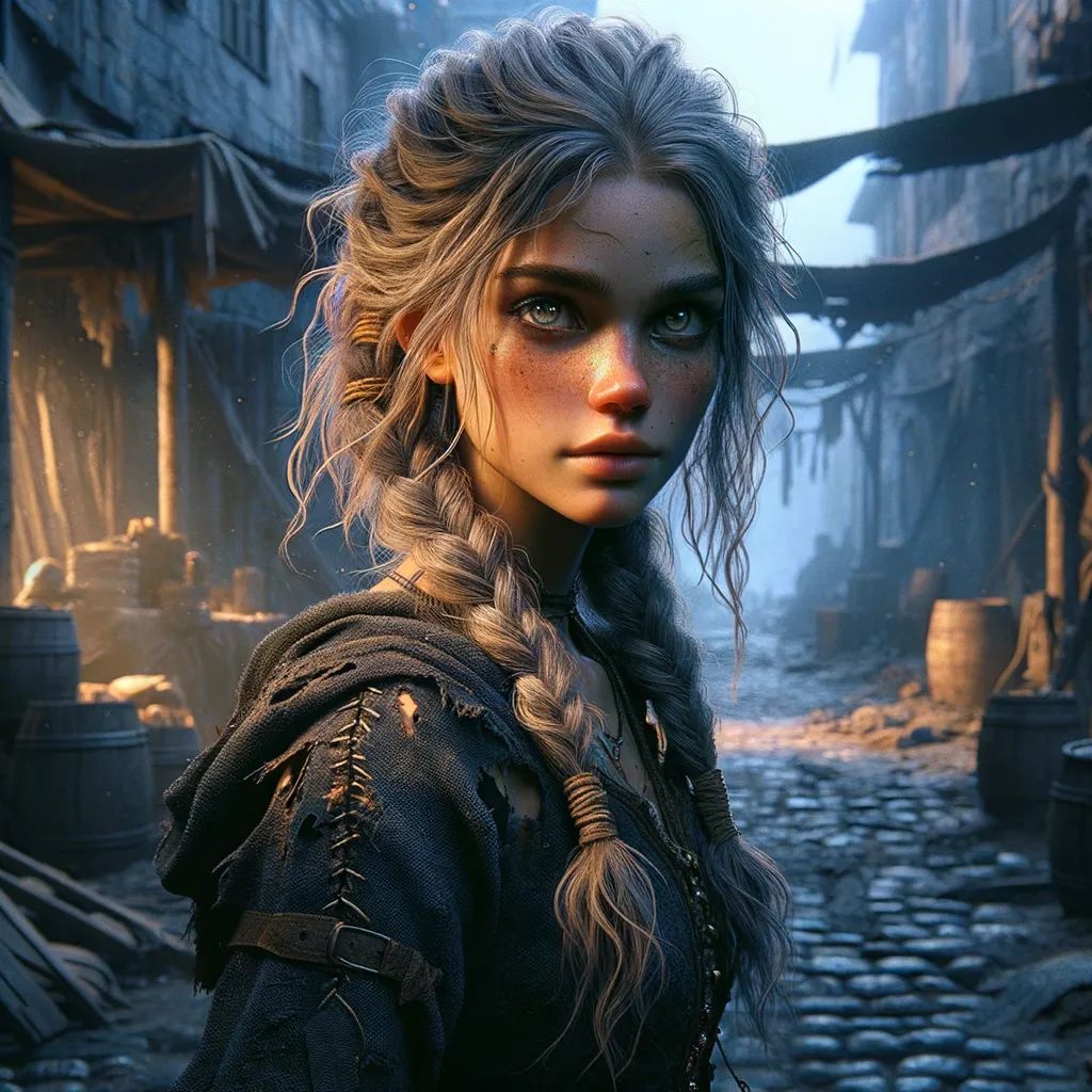 A young, poor female rogue, she moves with exceptional stealth, her light-footed stance barely making a sound. Long, dirty blonde hair is tightly braided, while her dark clothes blend seamlessly into the shadows, complementing her medium skin and diverse features as she navigates the bustling streets of the city.