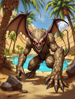 **Earth Mephit**
*Type: Small Elemental, Neutral Evil*
A mischievous imp with craggy, cracked skin composed of earth and stone. Its glowing red eyes and sly grin hint at cunning. Equipped with sharp claws and a thin, whip-like tail, this creature can burrow and fly, bringing chaos wherever it goes.