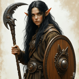 A noble male elf druid, he possesses unruly black hair and captivating light brown eyes. Clad in rugged leather armor, he wields a crescent moon sickle and a wooden shield adorned with a mystical face, embodying the spirit of nature and the wisdom of the wild.