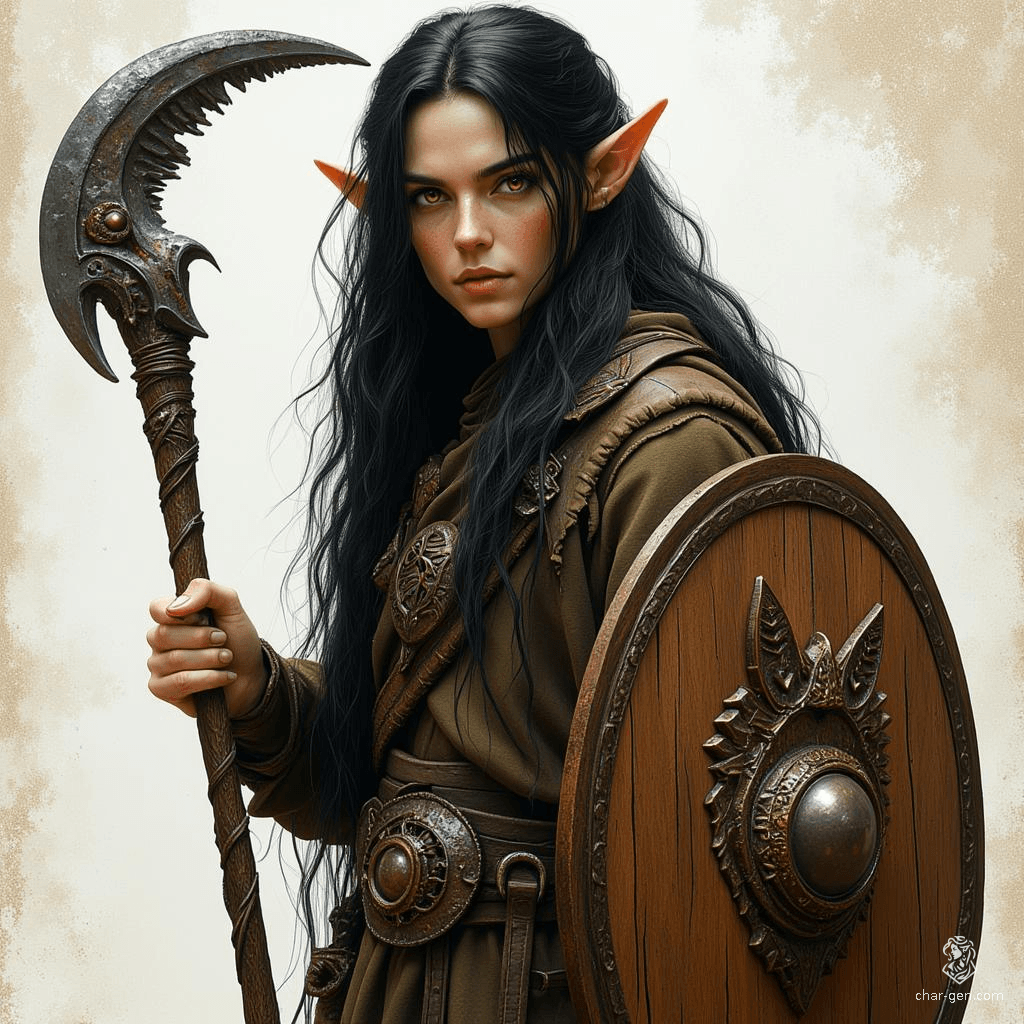 A noble male elf druid, he possesses unruly black hair and captivating light brown eyes. Clad in rugged leather armor, he wields a crescent moon sickle and a wooden shield adorned with a mystical face, embodying the spirit of nature and the wisdom of the wild.