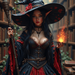 A whimsical tiefling wizard with fully black eyes and adorable freckles, adorned in a voluminous wide skirt and corset. She sports a huge witch hat and thigh-highs while holding her arcane staff, set against the enchanted backdrop of an ancient library.